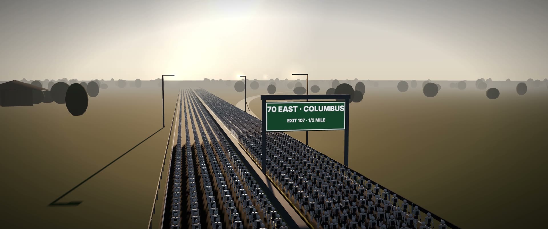 Thousands of robots marching on an interstate toward a town