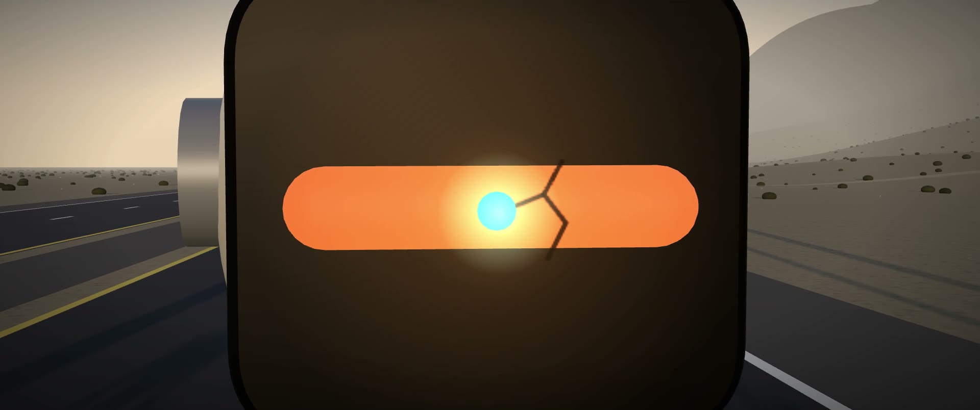A robot visor with an orange light and a hidden teal point