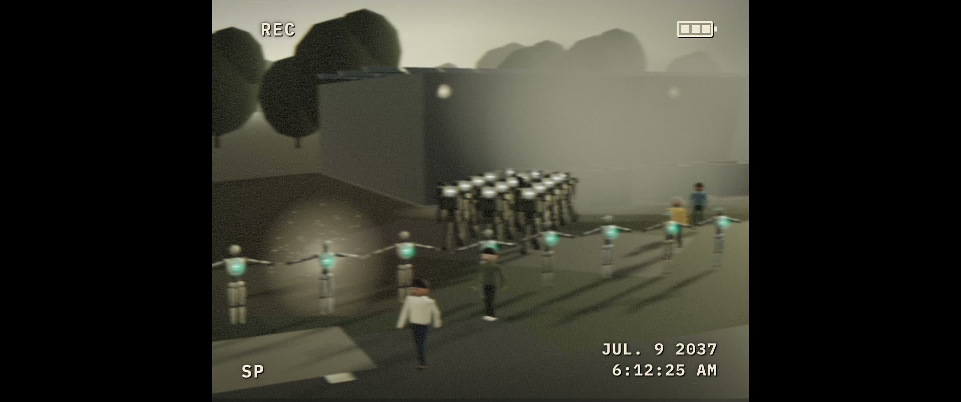 A shaky camcorder recording of robots at a campus